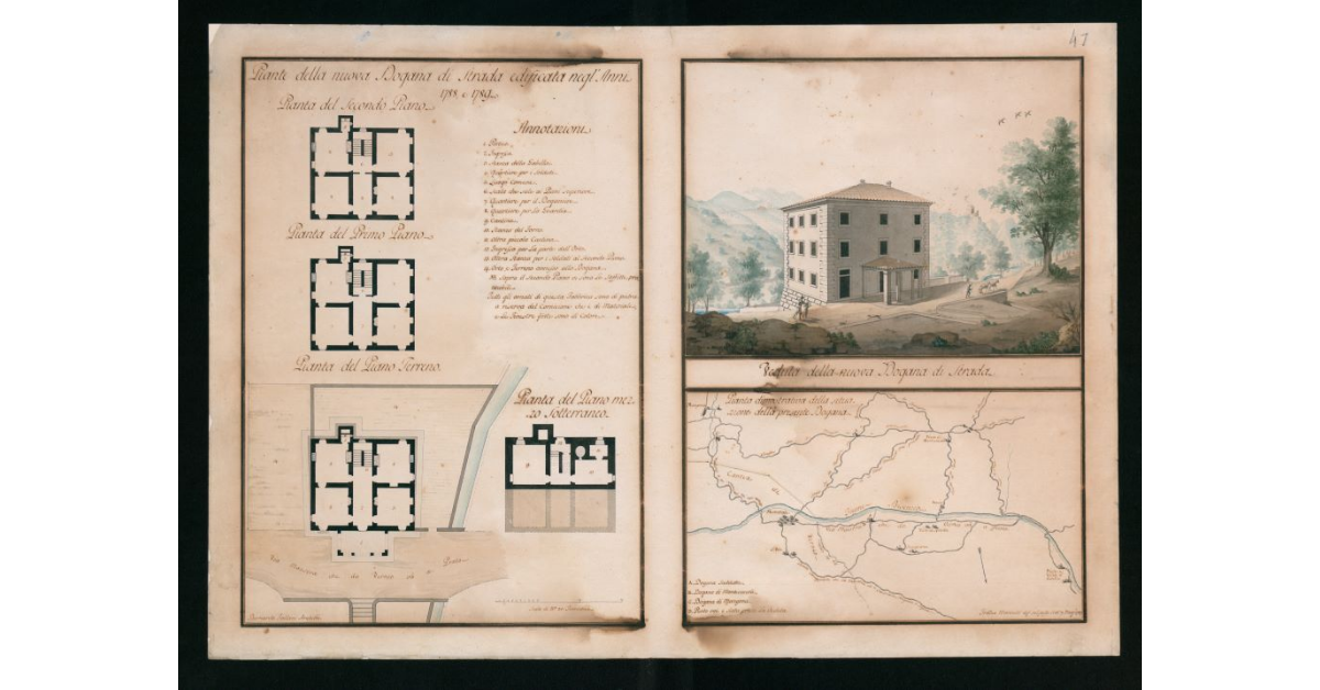 [Piante e veduta "della nuova Dogana di Strada edificata negli anni 1788 e 1789"]