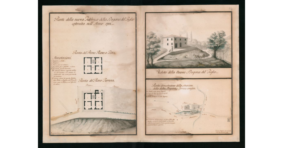 [Piante e veduta "della nuova fabbrica della Dogana del Tiglio costruita nell'anno 1788"]