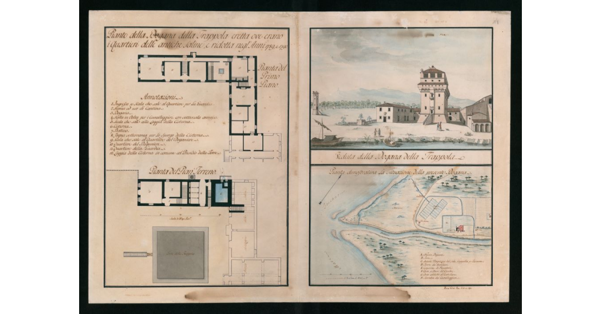 [Piante e veduta "della Dogana della Trappola eretta ove erano i Quartieri delle antiche Saline e ridotta negli anni 1789 e 1790"]
