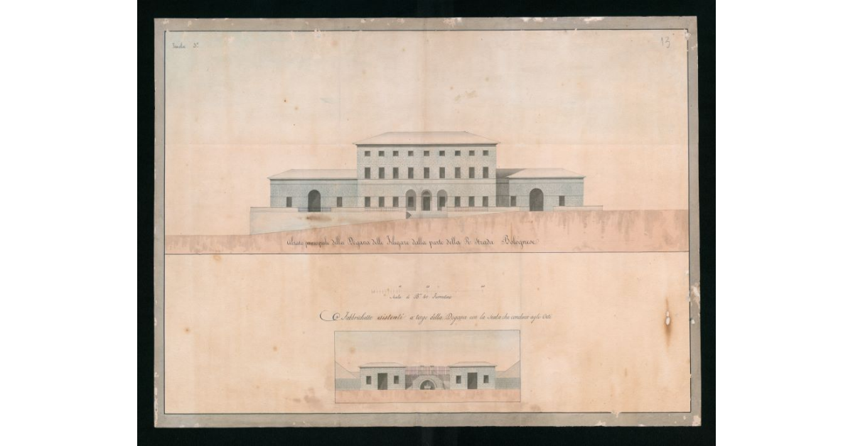 Tavola 3a. Alzato principale della Dogana delle Filigare dalla parte della R.Strada Bolognese