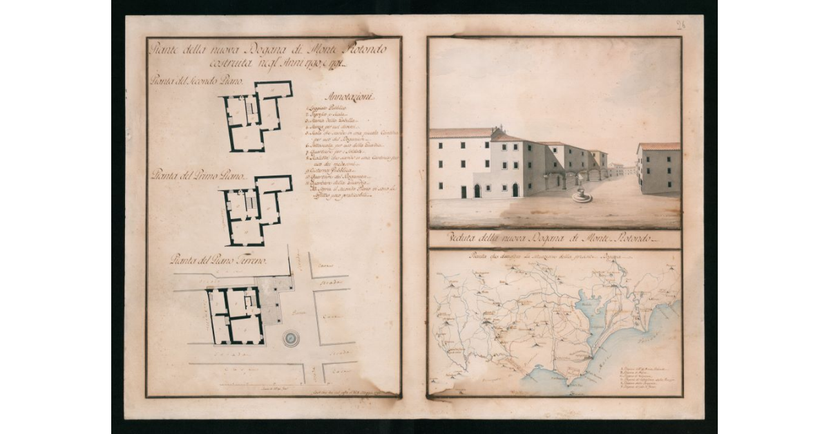 [Piante e veduta "della nuova Dogana di Monte Rotondo costruita negli anni 1790 e 1791"]