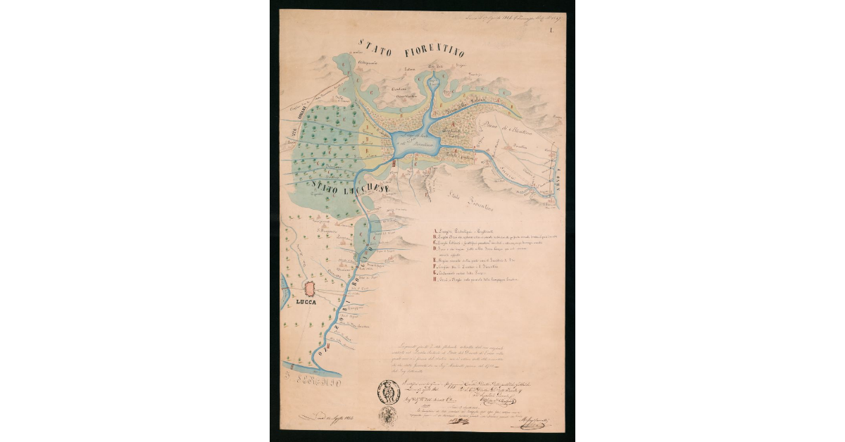 Veduta prospettica del bacino del lago di Bientina tra il flume Arno, l'Ozzeri e il Serchio