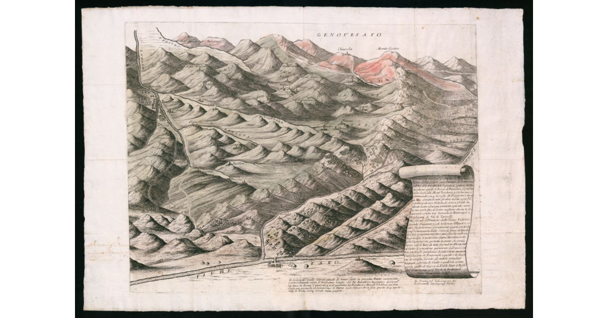 [Veduta prospettica dell'area di confine controversa tra Borgo Val di Taro (Parma) e Pontremoli (Firenze) in Lunigiana]