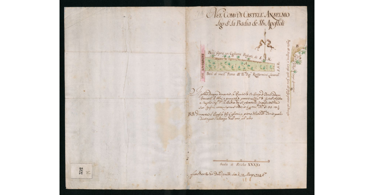 [Mappa di un] pezzo di terra nuda e boscata, ad olmi e querciole posta nel Comune di Castell'Anselmo e Nugola logo detto la Badia de' SS. Apostoli