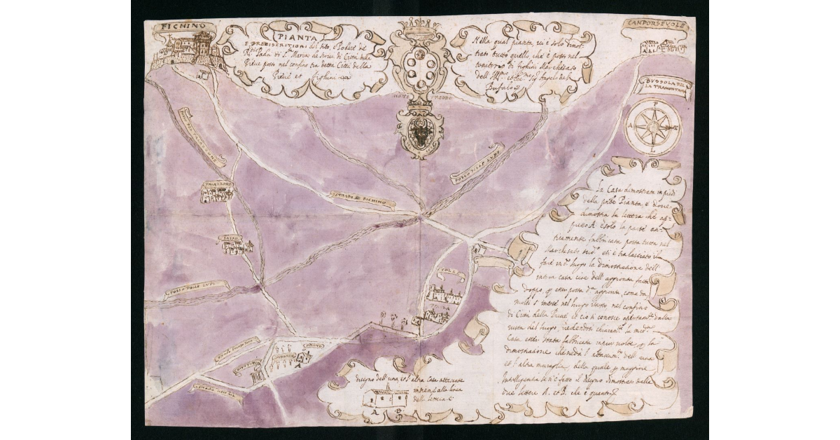 Pianta e breve iscritioni del sito e Podere dei Rev.di Padri di S.Maria de Servi di Città della Pieve posto nel confine tra detta Città della Pieve e Figlini