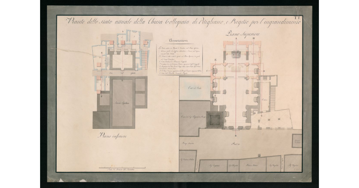 Piante dello stato attuale della collegiata di Pitigliano e progetto per l'ingrandimento