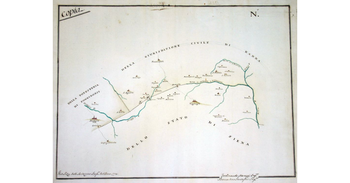 Poggibonsi, Radda, con lo Stato di Siena. Copia di Pianta, indicante la Linea di Confino tra la Potesteria di Poggibonsi, e la Giurisdizione Civile di Radda con lo Stato di Siena