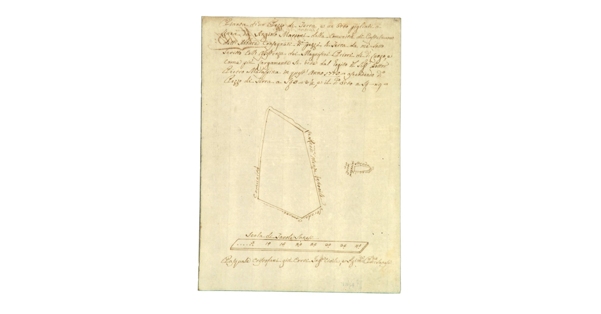 Pianta di un Pezzo di Terra e un Orto pigliato a Linea da Angiolo Marconi della comunità di Castelnuovo dell'Abate