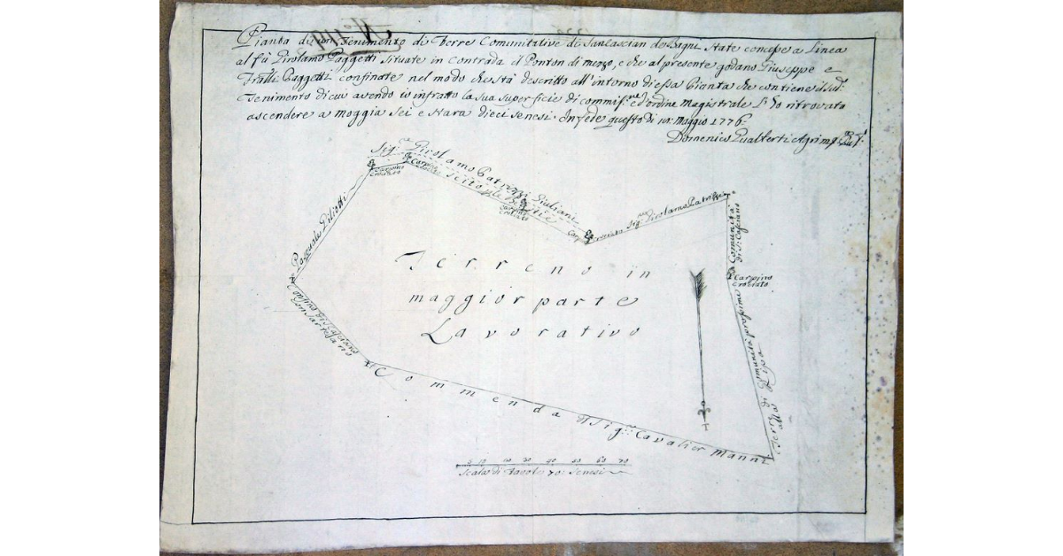 Pianta di un Tenimento di Terre Comunitative di S. Cascian de Bagni [...] situate in contrada il Ponton di mezzo