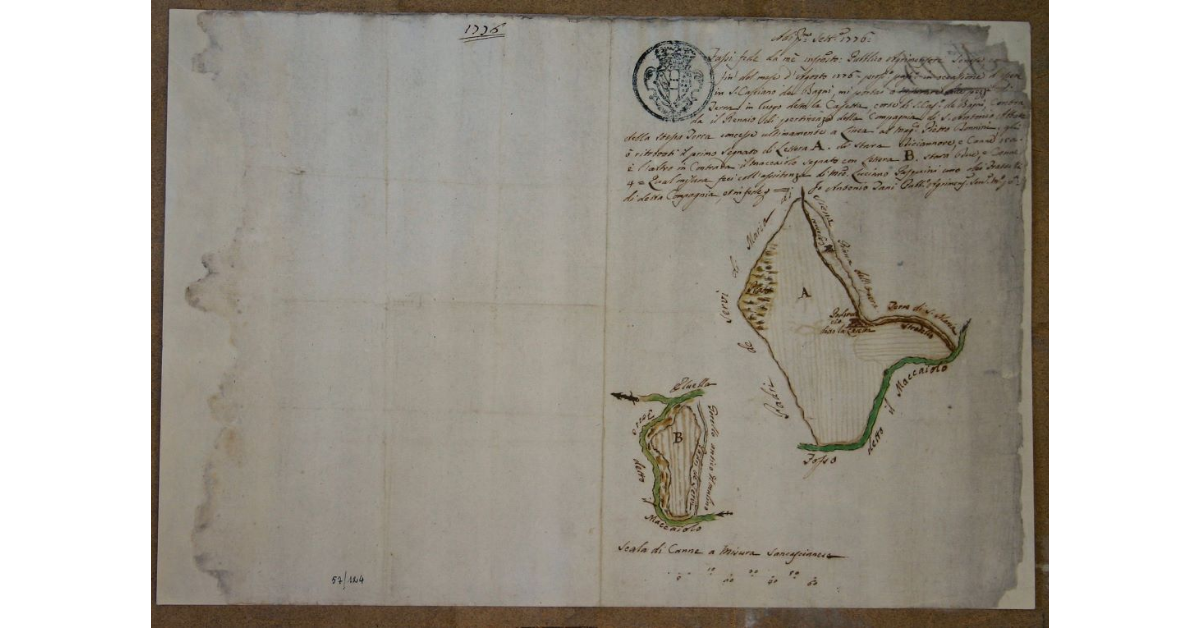 [S. Casciano de' Bagni . Compagnia di S. Antonio Abb.e Linea con Pietro Donnini . Pianta di due Pezzi di terra in Luogo detto la Casetta ,corte di d.a Com.tà contrada il Renaio]