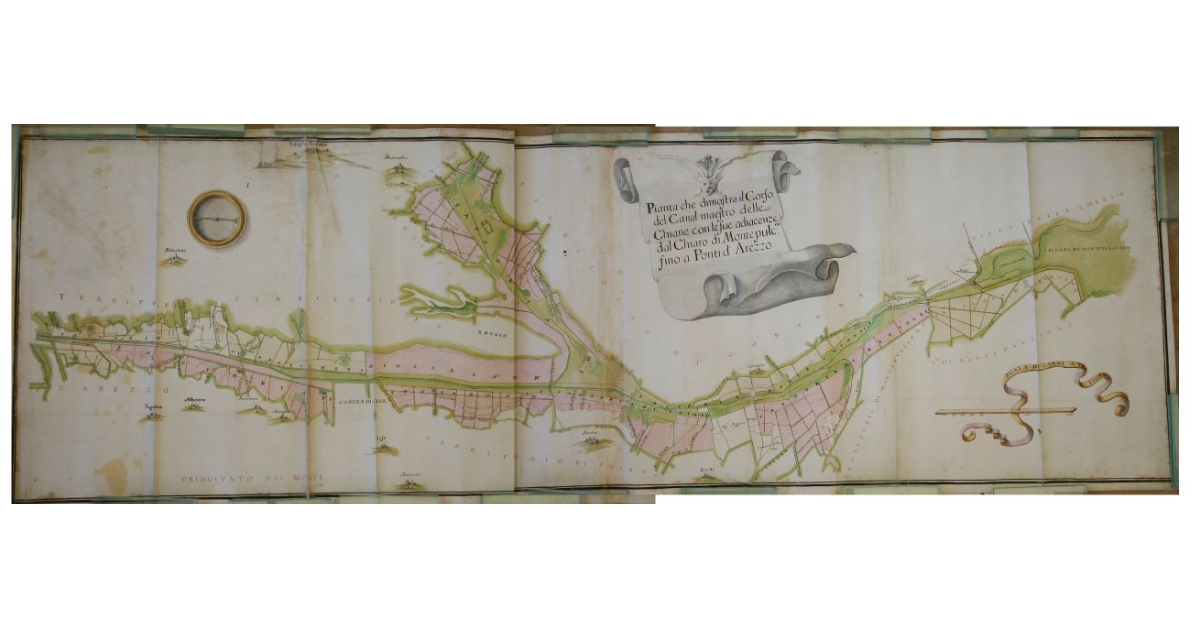 Pianta che dimostra il Corso del Canal Maestro delle Chiane, con le sue adiacenze dal Chiaro di Montepulc.no fino a Ponti d'Arezzo