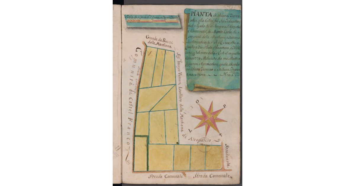 Pianta di alcune Terre poste alla Costa hò sia alla Galeotta, nel Popolo di S. Jacopo a l'Altopascio, e Comunità di Monte Carlo, di proprietà della Mansione, e Fattoria di Altopascio, di S.A.R., concesse a Livello a Gio. Paolo Panattoni, e Fratelli, come per rescritto della R.A.S. in questo Anno 1771. Misurate da me Mattia Caparrini Agrimesore, quale ascendano il detto Terreno a Misura Fiorentina stiora 72, panora 4, pugnora 1