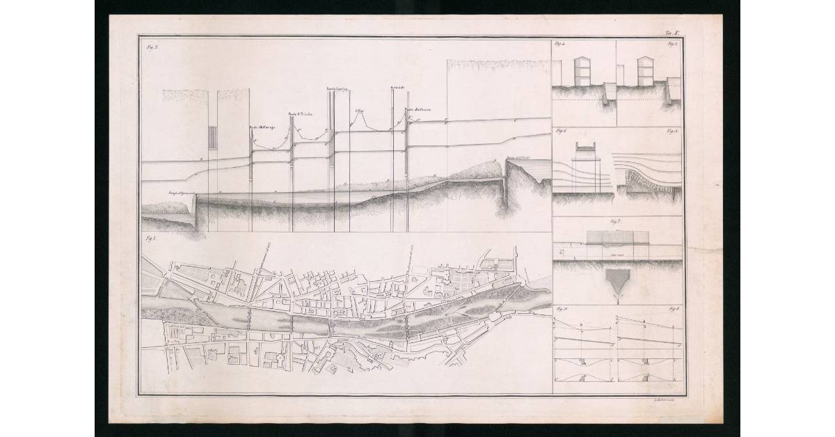 [Profili e Pianta di un tratto del fiume Arno a Firenze con i livelli delle piene]