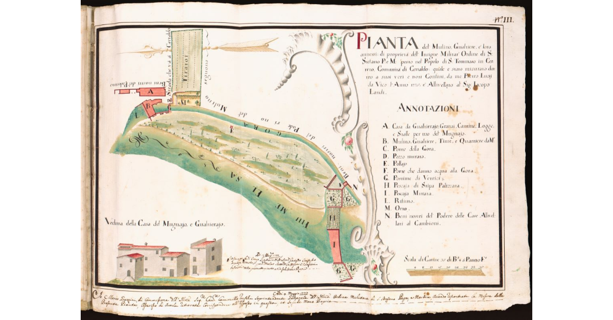Pianta del Mulino, Gualtiere e loro annessi [...] posto Nel Popolo di S. Tommaso in Cerreto Comunità di Certaldo [...]
