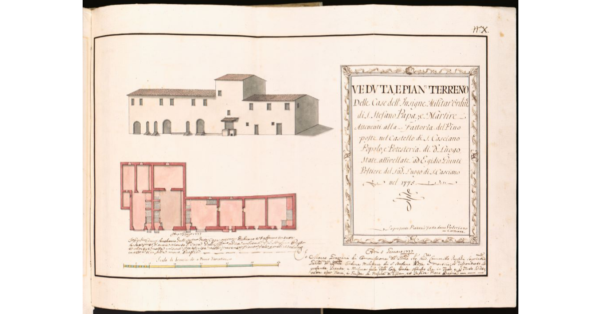 Veduta e Pian Terreno delle Case [...] attenenti alla Fattoria dei Pino poste nel Castello di S. Casciano, Popolo, e Potesteria di detto Luogo [...]