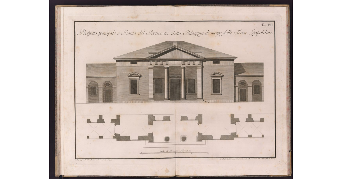 Prospetto principale e Pianta del Portico e della Palazzina di mezzo delle Terme Leopoldine