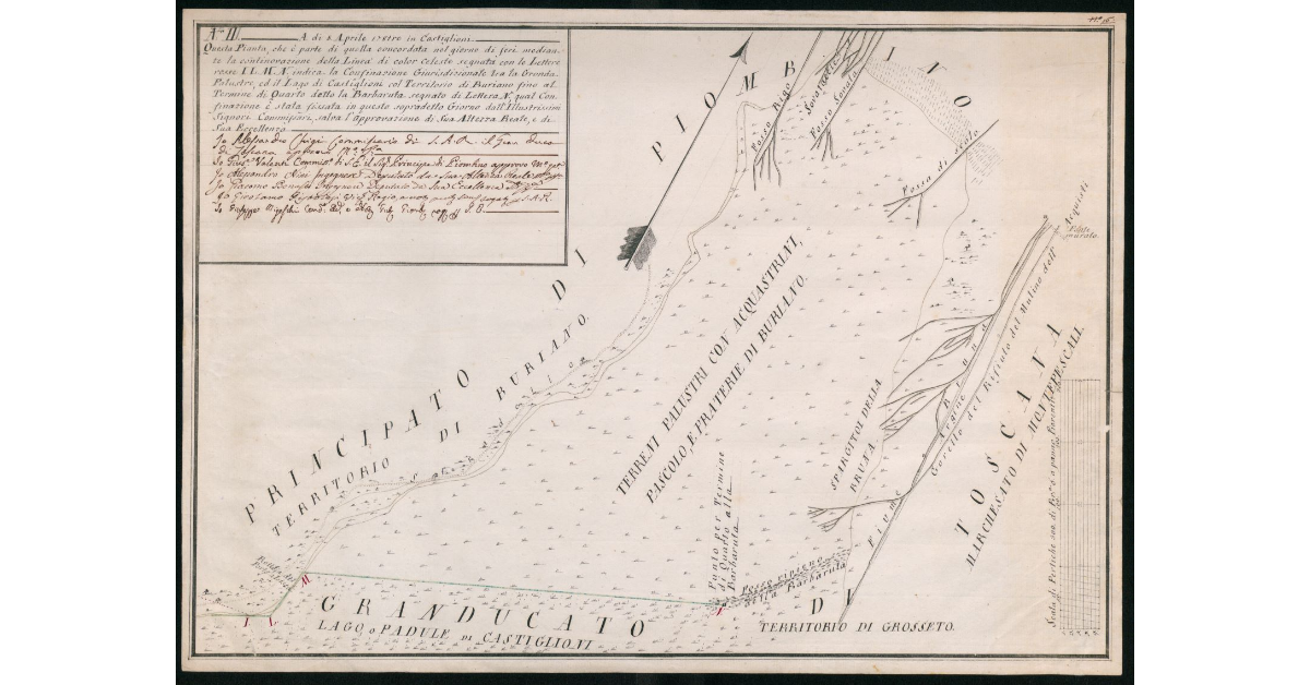 [Pianta del confine giurisdizionale tra il Granducato di Toscana e il Principato di Piombino nel territorio di Buriano e Montepescali]