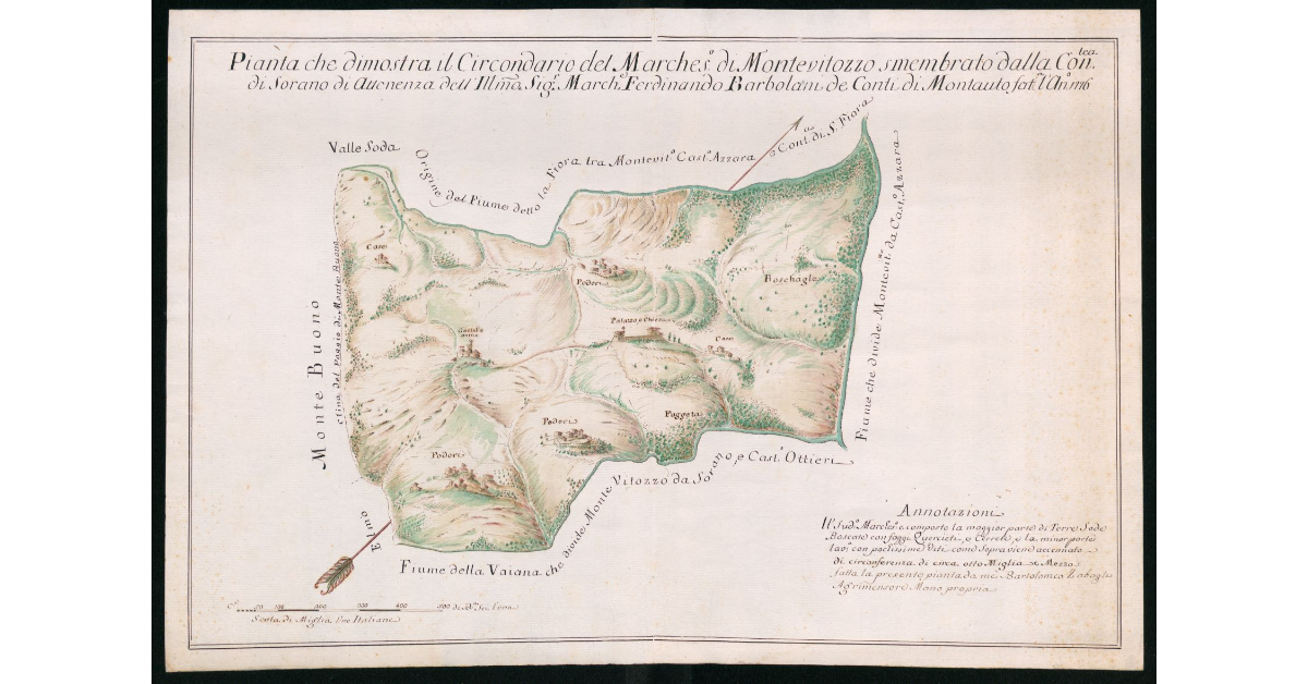 Pianta che dimostra il circondario del Marches.o di Montevitozzo smembrato dalla Contea di Sorano di attenenza dell'Ill.mo Sig.r March.e Ferdinando Barbolani de Conti di Montauto fatta l'anno 1776