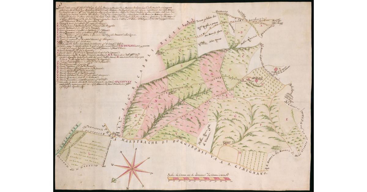 Pianta d'una parte del podere del Palagio, de R.R. Monaci e Monastero di S.Maria in Barbiano fuori dalle Mura di S.Gimignano posto e situato nel popolo di S.Michele a Padule, e nella Podesteria di Poggibonsi con più i terreni incontroversi tra i RR. Monaci di Mont'Oliveto, e Sig.ri Ricasoli Rucellai, e parte de' beni propri di detti Sig.ri Ricasoli Rucellai