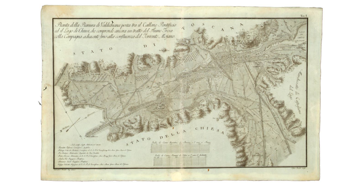 Pianta della Pianura di Valdichiana posta tra il Callone Pontificio ed il Lago di Chiusi, che comprende ancora un tratto del Fiume Tresa colla Campagna adiacente fino alla confluenza del Torrente Mojano