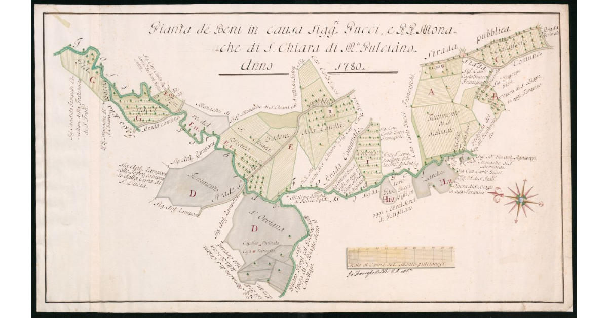 Pianta de Beni in causa Sig.ri Pucci RR. Monache di S.Chiara di M. Pulciano anno 1780