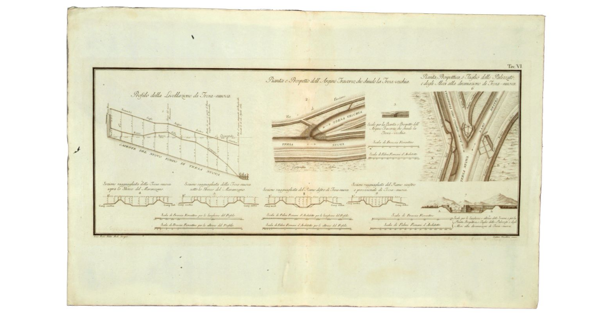 [Val di Chiana. Pianta e Prospetto dell'Argine traverso che chiude la Tresa Vecchia e Pianta Prospettiva e Taglio delle Palizzate e degli alvei alla diramazione di Tresa nuova, e profilo di livellazione di Tresa Nuova]