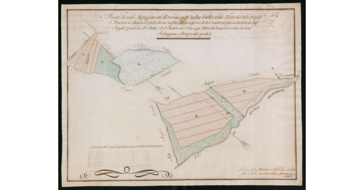Piante di vari Appezzamenti di terreni posti nelle comunità della Terra del Sole, popolo di S.Tomaso in Bagnolo, fate da me infrascritto in occasione della controversia nata tra il Sig. Angelo Zauli, di M.te Paolo e li S.ri tuttori del Sig. Giuseppe Ulivi di Scarperia e come da mia relazione e perizia alla quale etc