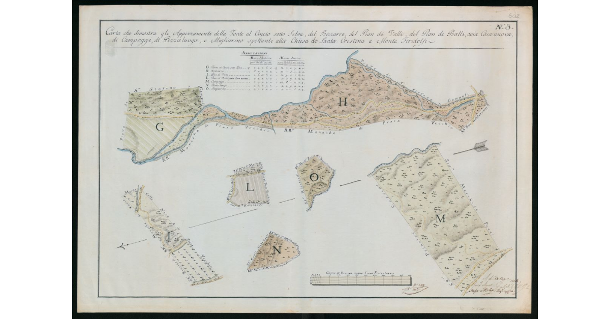 Carta che dimostra gli appezzamenti della Fonte al Cincio sotto Selva, del Bizzaro, del Pian di Valli, del Pian di Balli, ossia Casanuova, di Campoggi, di Pezza Lunga e Migliarino spettanti alla Chiesa di S.Cristina a M. Firidolfi