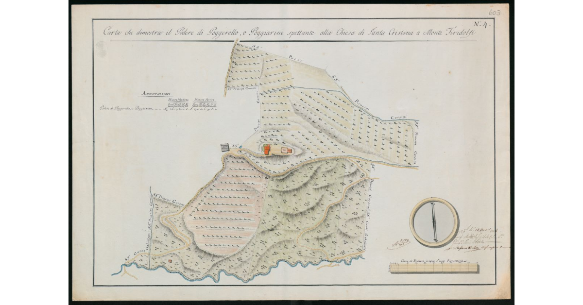 Carta che dimostra il Podere di Poggierello o Poggiarine spettante alla Chiesa di S.Cristina a M. Firidolfi
