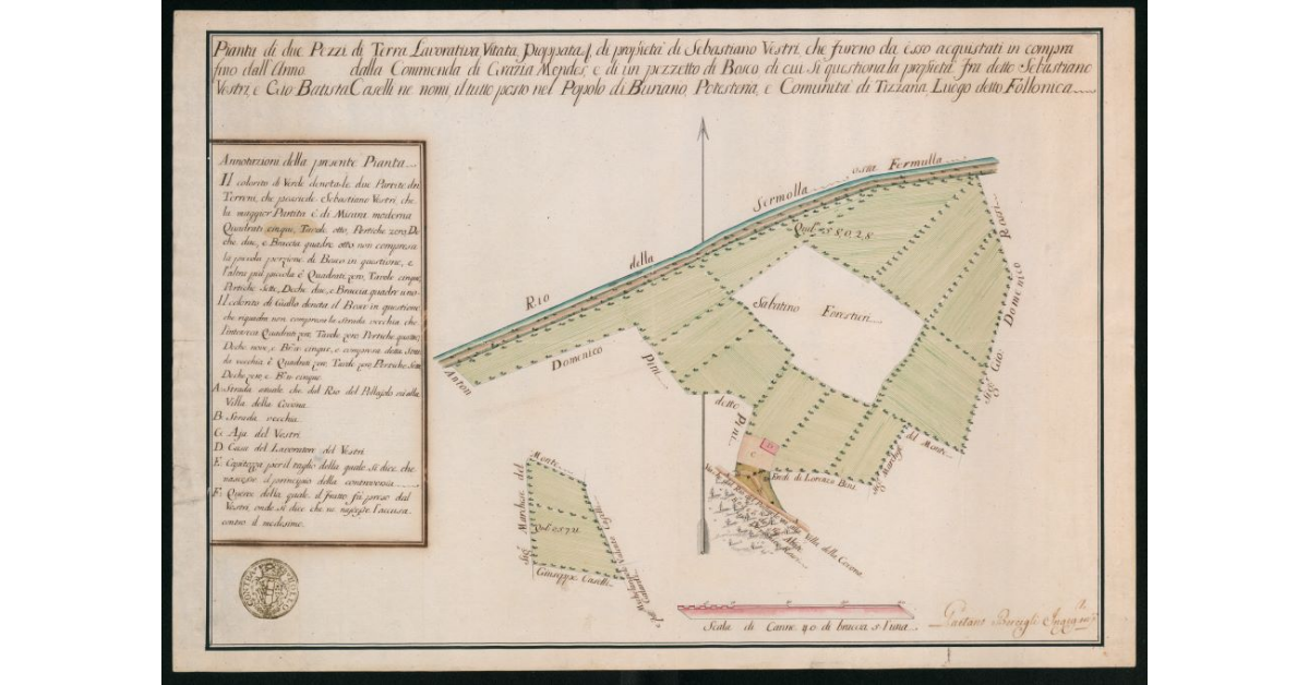 Punta di due pezzi di terra lavorativa, vitata, pioppata di proprietà di Sebastiano Vestri ... e di un pezzetto di bosco di cui si questiona la proprietà fra detto Sebastiano Vestri e Giovan Battista Caselli ne nomi, il tutto posto nel popolo di Buriano, potesteria e comunità di Tizzana, luogo detto Follonica