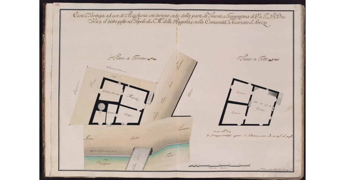 Casa, e Bottega ad uso di Pizzicheria con terreno sodo dalla parte di Ponente, Tramontana di Quadrati 0, Tavole _, Pertiche 2, Deche 2, e Braccia quadre 7 il tutto posto nel Popolo di S. M. delle Poggiola, e nella Comunità, e Vicariato d'Arezzo