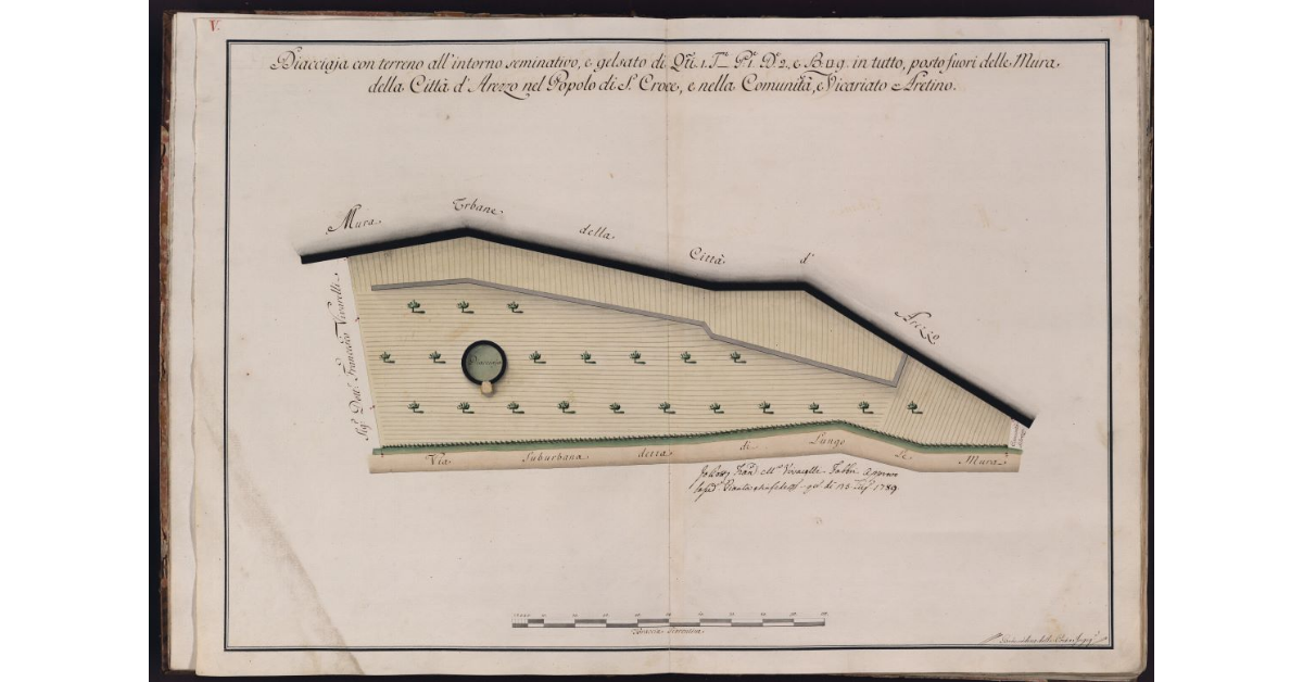 Diacciaja con terreno all'intorno seminativo, e gelsato di Quadrati 1, Tavole _, Pertiche 1, Deche 2, e Braccia quadre 9 in tutto, posto fuori delle Mura della Città d'Arezzo del Popolo di S. Croce, e nella Comunità, e Vicariato Aretino