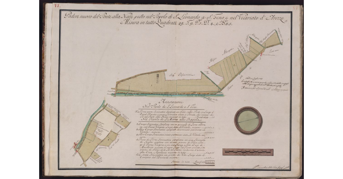 Podere nuovo del Ponte alla Nave posto nel Popolo di S. Leonardo a S. Zeno, e nel Vicariato d'Arezzo. Misura in tutto Quadrati 49, Tavole 9, Pertiche 3, Deche 4, e Braccia quadre 5