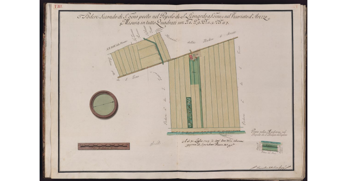Podere secondo di S. Zeno posto nel Popolo di S. Leonardo a S. Zeno, e nel Vicariato d'Arezzo. Misura in tutto Quadrati 102, Tavole 0, Pertiche 9, Deche 0, e Braccia quadre 7