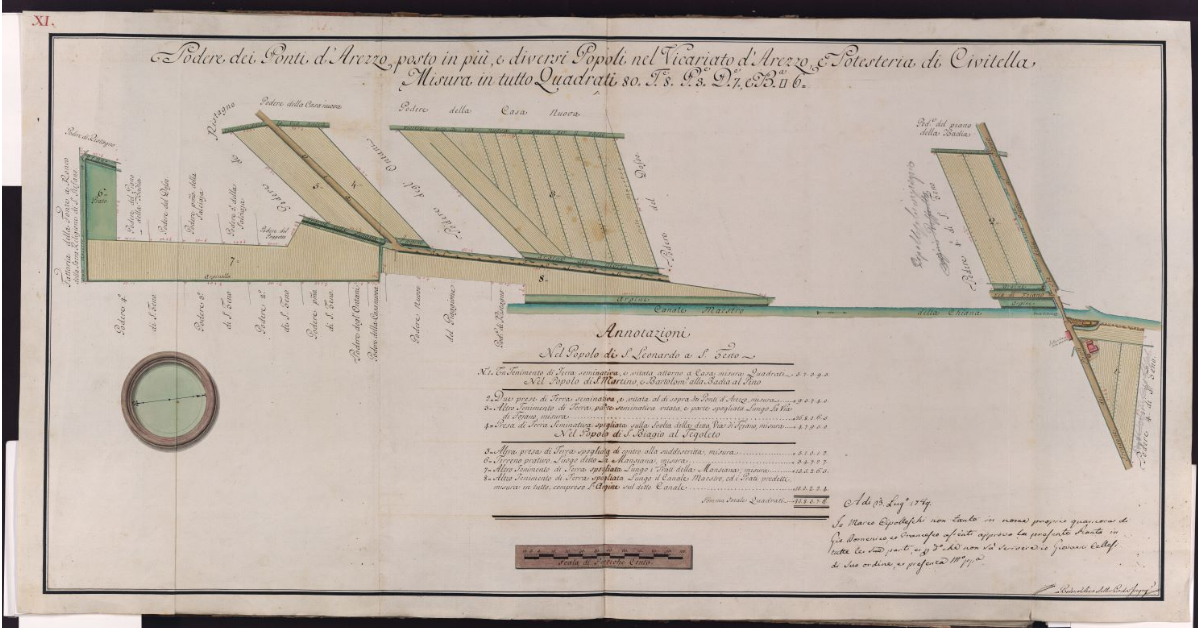 Podere de Ponti d'Arezzo posto in più, e diversi Popoli nel Vicariato d'Arezzo, e Potesteria di Civitella. Misura in tutto Quadrati 80, Tavole 8, Pertiche 3, Deche 7, e Braccia quadre 6