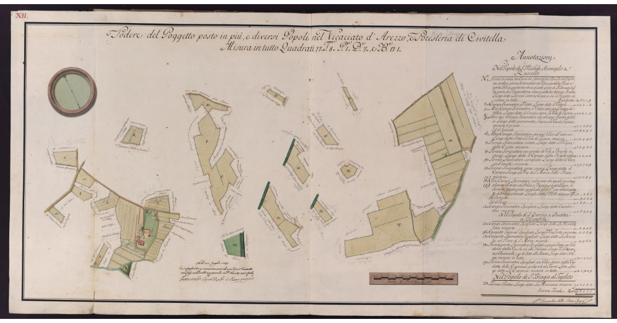 Podere del Poggetto posto in più, e diversi Popoli nel Vicariato d'Arezzo, e Potesteria di Civitella. Misura in tutto Quadrati 77, Tavole 8, Pertiche 1, Deche 7 e, Braccia quadre 1
