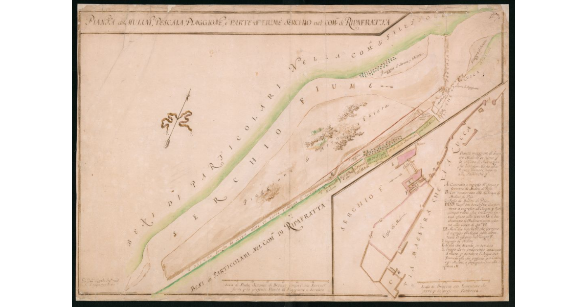 Pianta del mulino, pescaia, piaggione e parte del fiume Serchio nel comune di Ripafratta