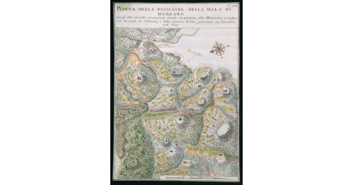 Pianta della posizione della villa di Menzano con gl'altri castelli circonvicini, strade che portano alla Maremma e confini del Distretto di Volterra e della Contea d'Elci praticate dai vetturali del vino