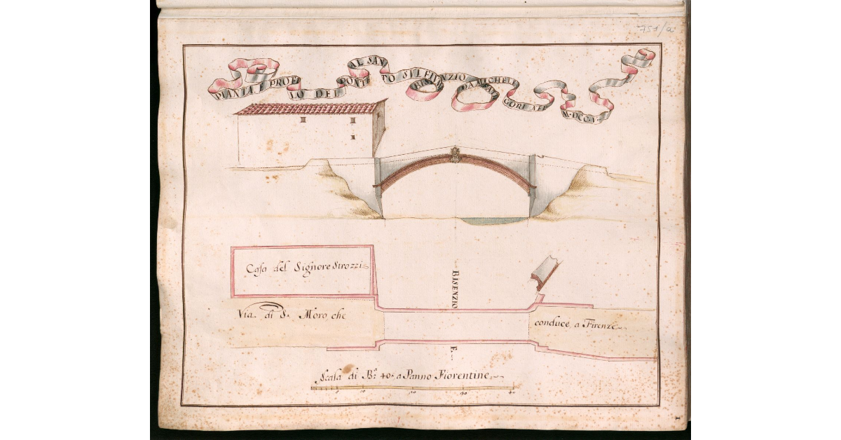 Pianta e profilo del Ponte al Santo sul fiume Bisenzio fatta da Michele Gori nel MDCCV