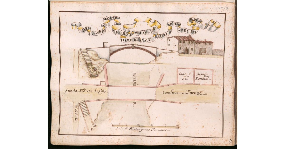 Pianta e profilo del ponte di San Piero a Ponti sul fiume Bisenzio fatta da Michele Gori nel MDCCV