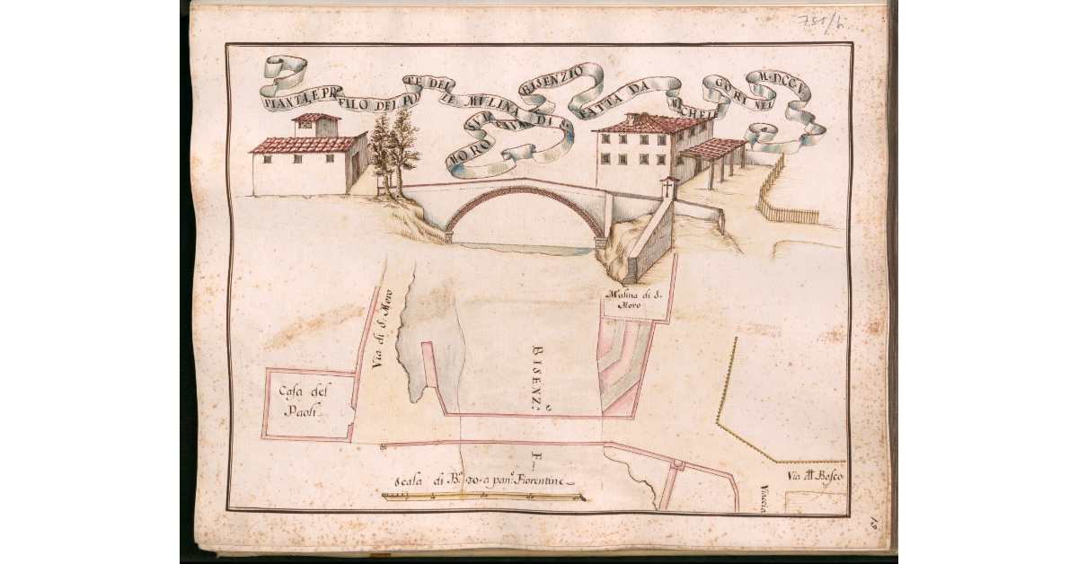 Pianta e profilo del Ponte delle Mulina di San Moro sul fiume Bisenzio fatta da Michele Gori nel MDCCV
