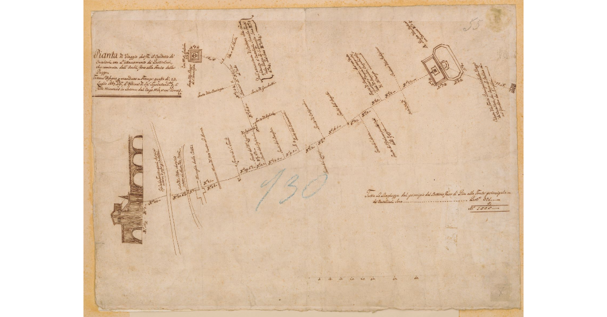 Pianta di viaggio che fa il condotto dei Cavalieri con l'attaccamento de' Particolari che comincia dall'Archi fino alla Fonte della Piazza [...]