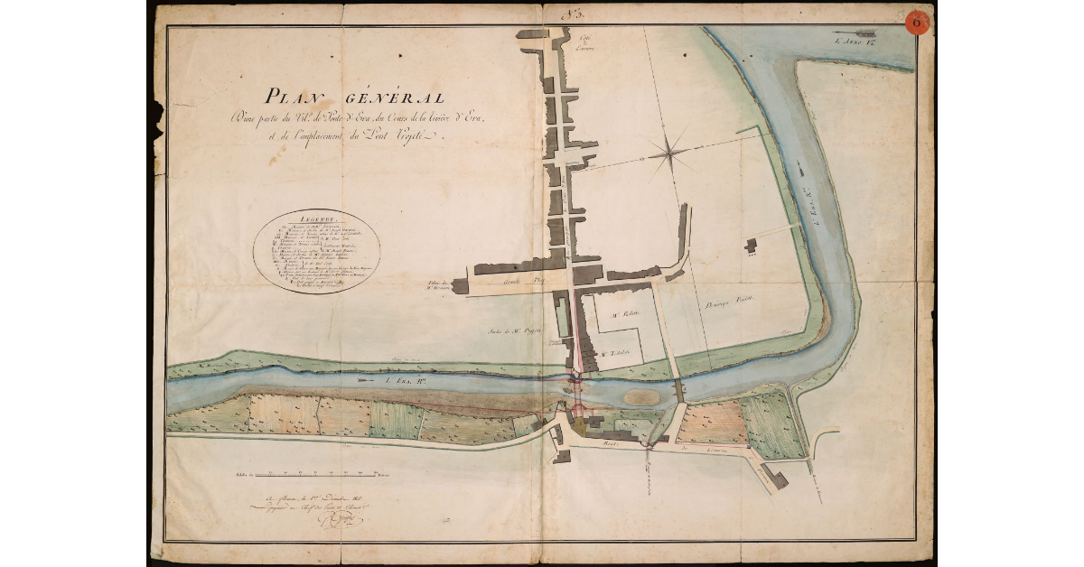 Plan génèral d'une partie du village de Pontedera, du cours de la riviére d'Era et emplacement du pont projeté