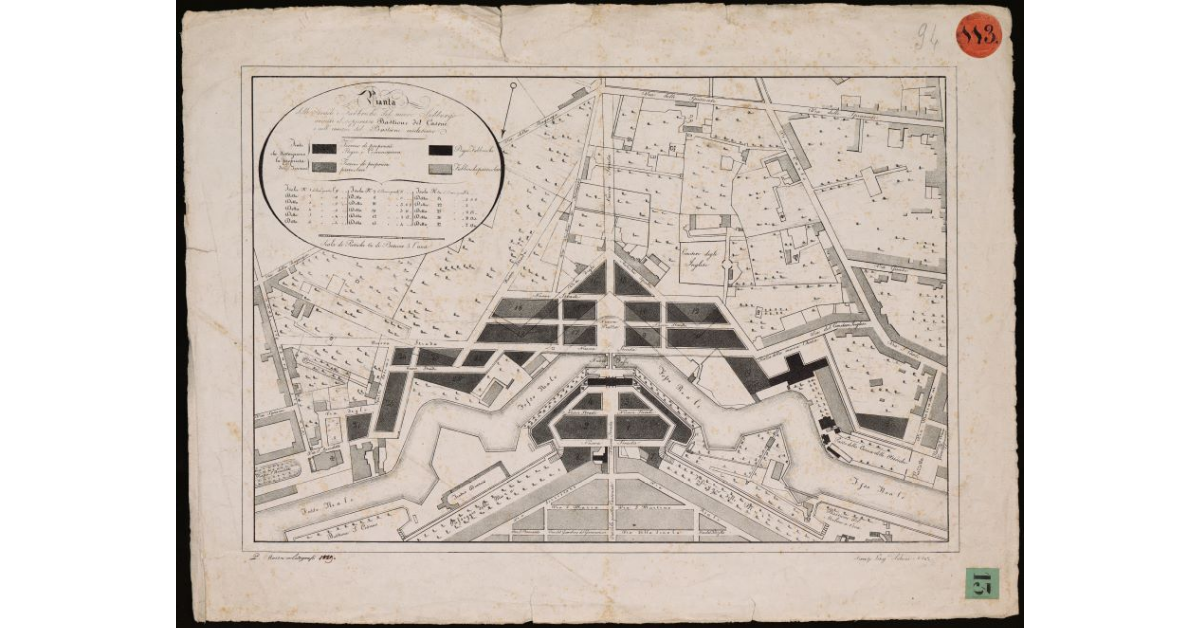 Pianta delle strade e fabbriche del nuovo sobborgo avanti il soppresso Bastione del Casone e nell'interno del Bastione medesimo [a Livorno]