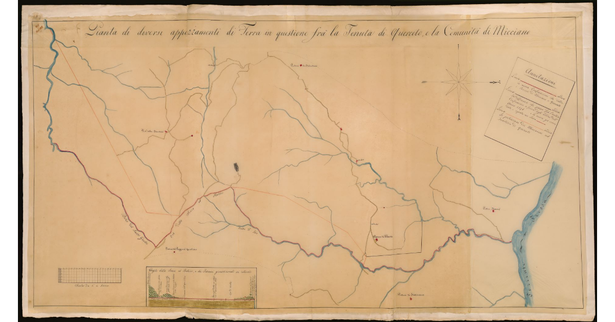 Pianta di diversi appezzamenti di terra in questione fra la tenuta di Querceto e la comunità di Micciano