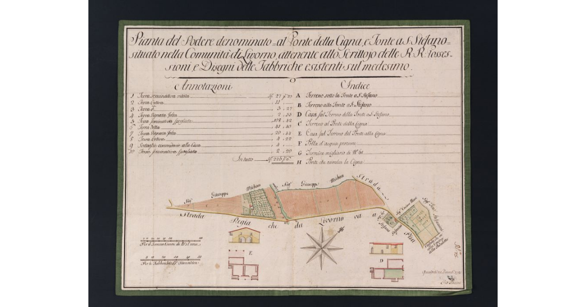 Pianta del Podere denominato al Ponte della Cigna e Fonte a S. Stefano situato nella Comunità di Livorno, attenente allo Scrittojo delle R.R. Possessioni, e Disegni delle Fabbriche esistenti sul medesimo