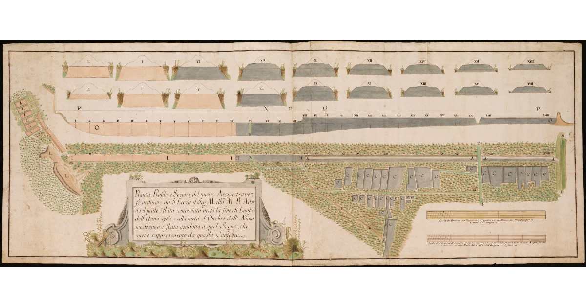 Pianta, profilo e sezioni del nuovo Argine Traverso ordinato da S. E. il Maresciallo M. Botta Adorno [nel padule di Sesto o Bientina]