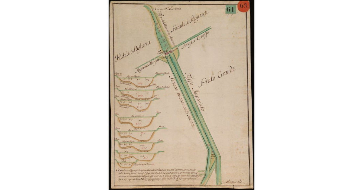 [Pianta del Canale Bocchino e Canale della Serezza fino ai Cannai colla Tura e cateratta presso Prato Grande]