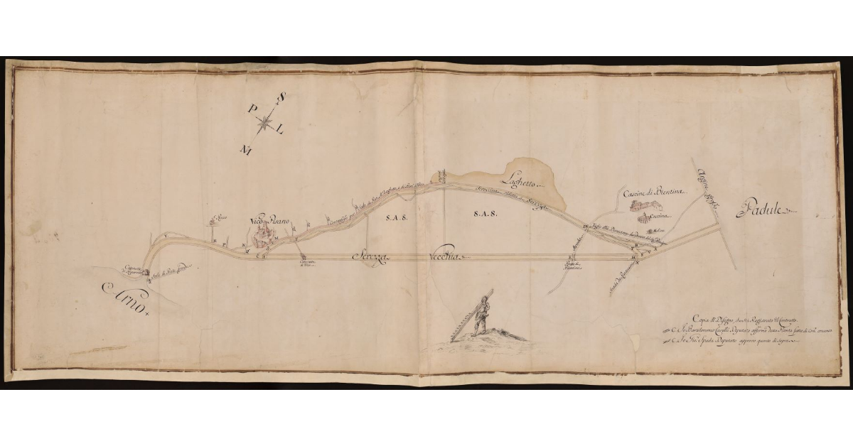 Pianta della Serezza Vecchia e Nuova colla strada che da S Giovanni alla Vena passa per Vicopisano e Bientina e prosegue fra il padule di Bientina e l'Arno a Calcinaia