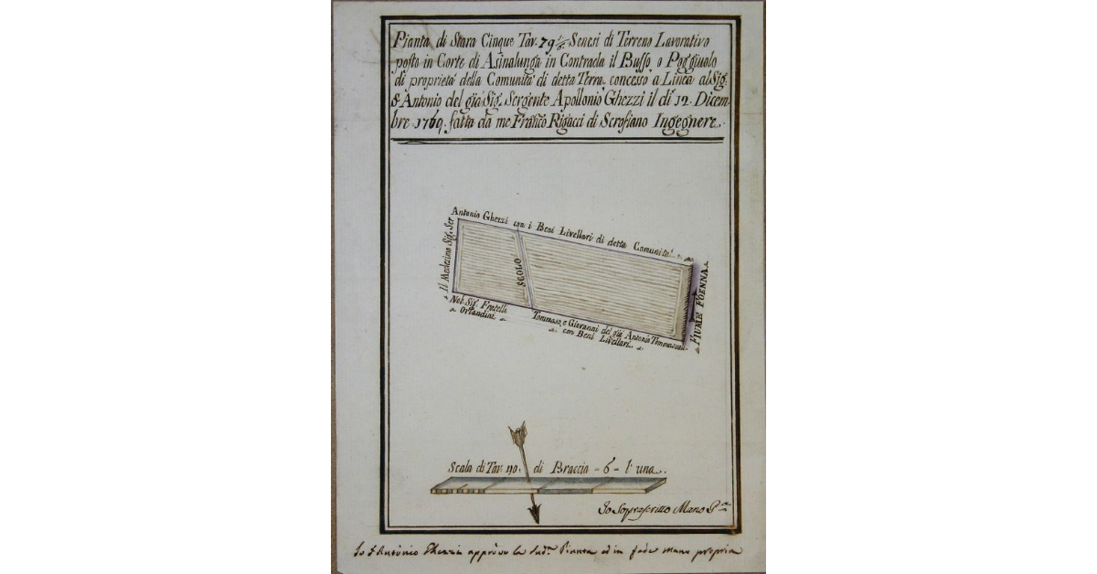 Pianta di Stara Cinque Tav.79 1/6 senesi di Terreno Lavorativo Posto in Corte di Asinalunga in Contrada il Busso o Poggiuolo di proprietà della Comunità di detta Terra, concesso a linea al Sig. Antonio del già Sig. Sergente Apollonio Ghezzi il dì 12 Dicembre 1769, fatta da me Francesco Rigacci di Scrofiano Ingegnere